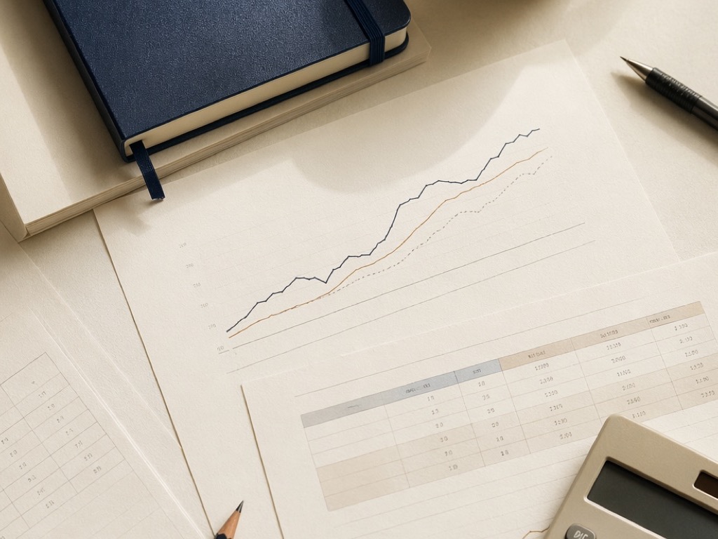 Caderno, gráficos impressos e calculadora sobre uma mesa clara.